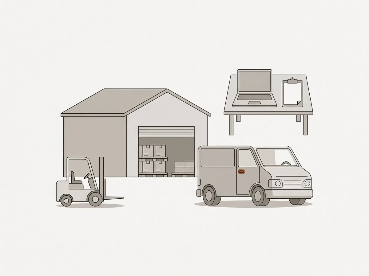 A small warehouse office with pallets, a forklift, a laptop and a delivery van outside