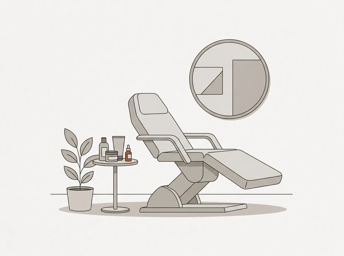 A treatment room with a reclined chair, a side table of bottles and a round mirror