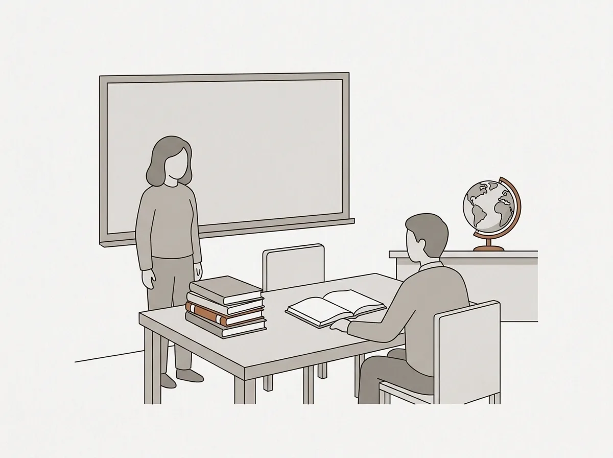 A small tutoring classroom with a table, chairs, books and a globe
