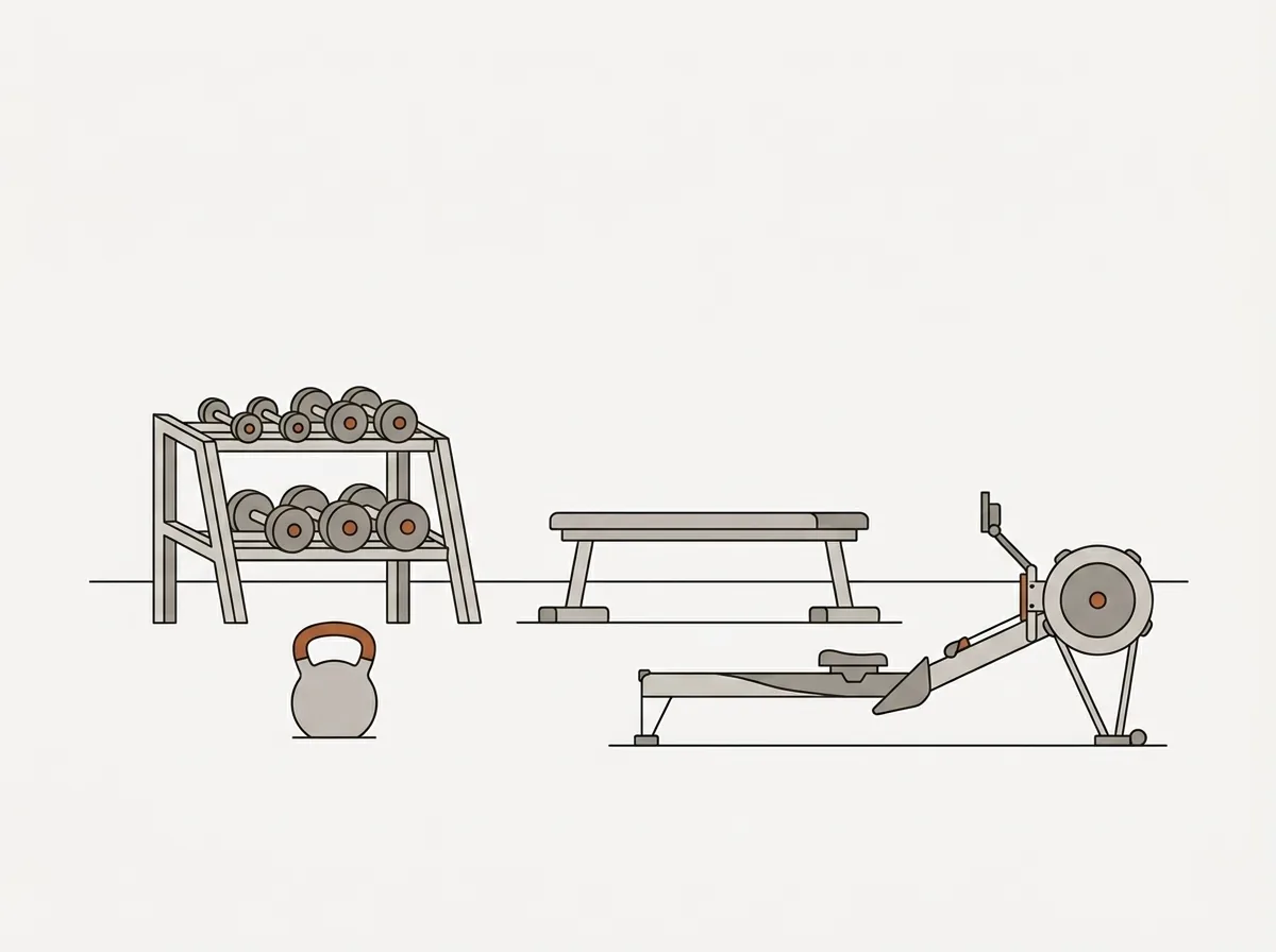 A gym floor with dumbbells, a kettlebell, a bench and a rower