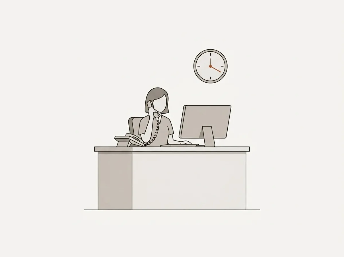 A clinic front desk with a receptionist, a phone and a monitor