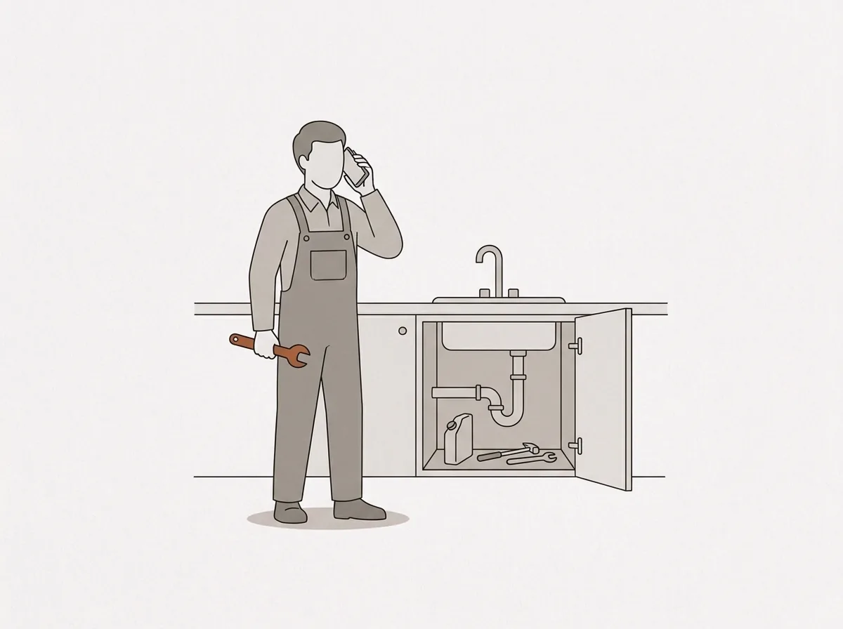 A plumber in overalls taking a call beside an open sink cabinet, wrench in hand