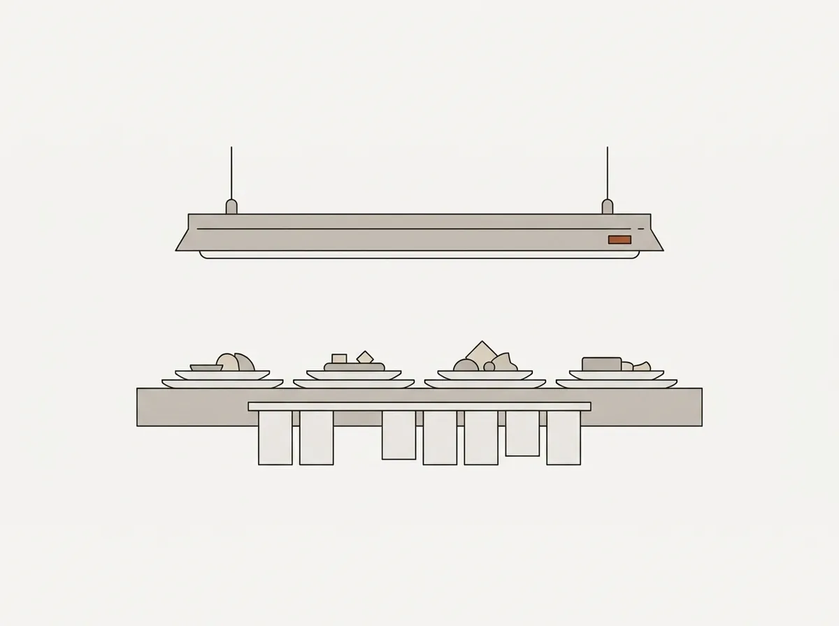 A restaurant kitchen pass with plated dishes under a heat lamp and a ticket rail