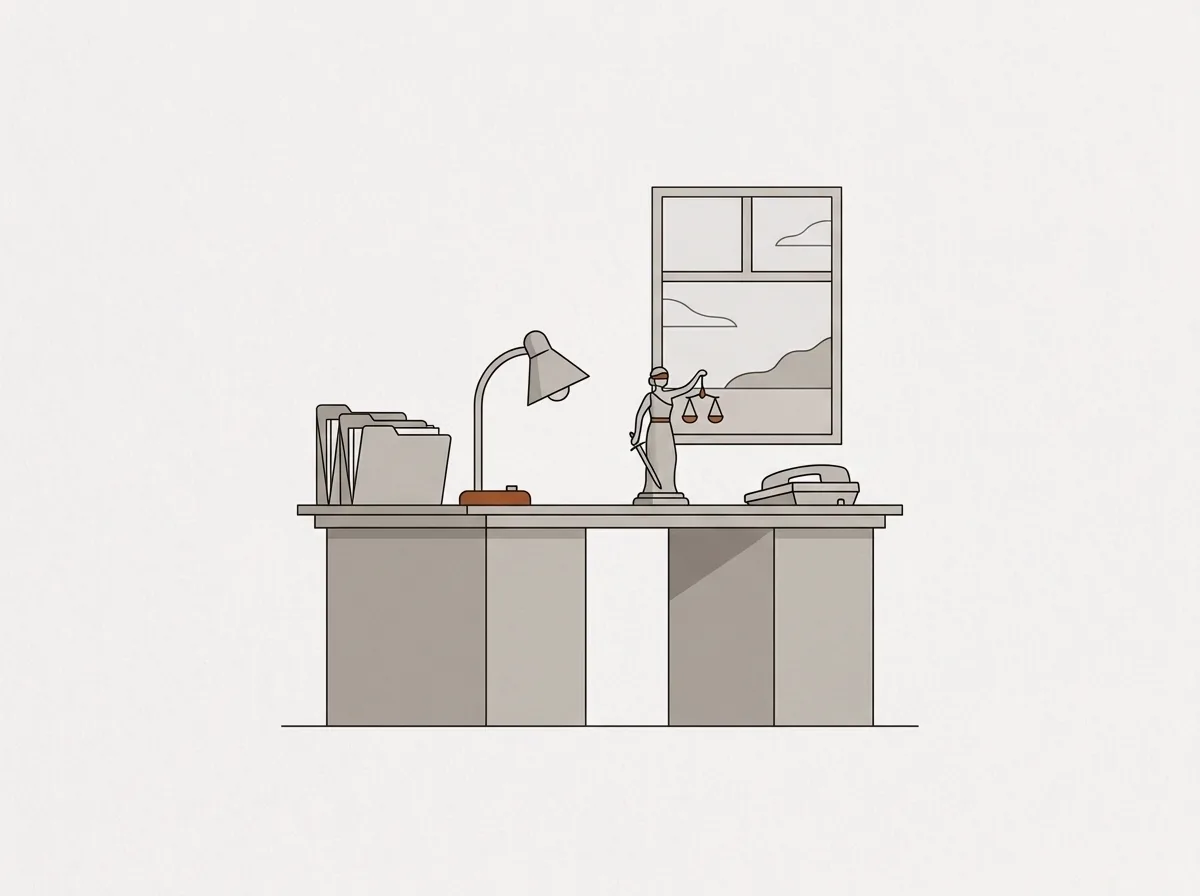 A law office desk with folders, a lamp, a scales figurine and a phone