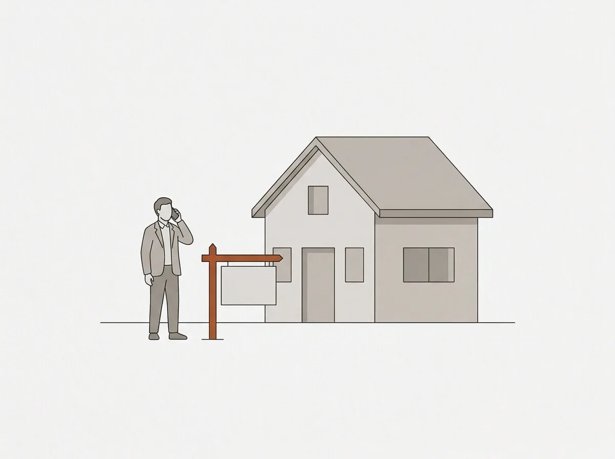 A realtor beside a for-sale sign in front of a small house, phone in hand