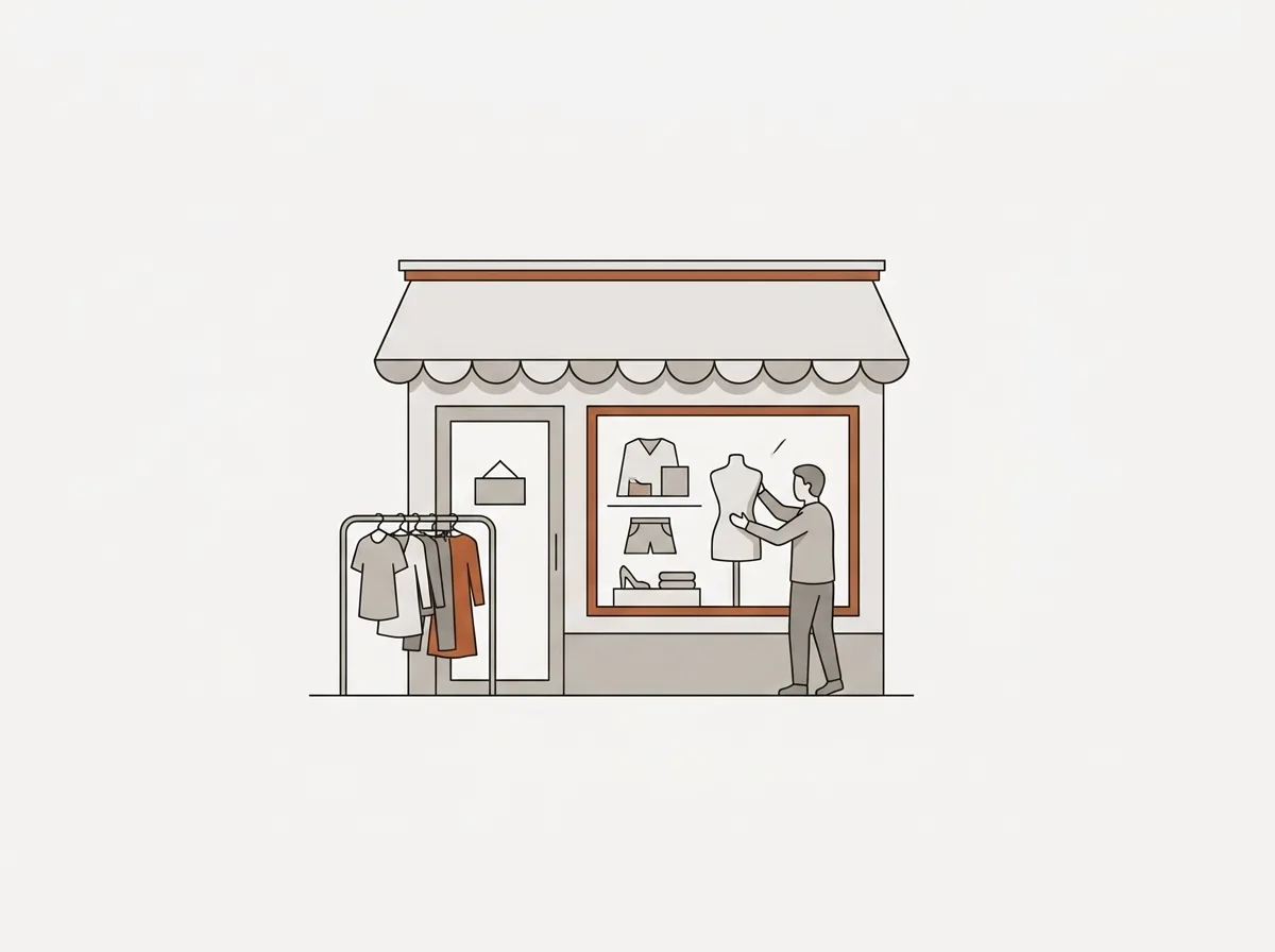 A boutique shopfront with an awning, a window display and an owner dressing a mannequin