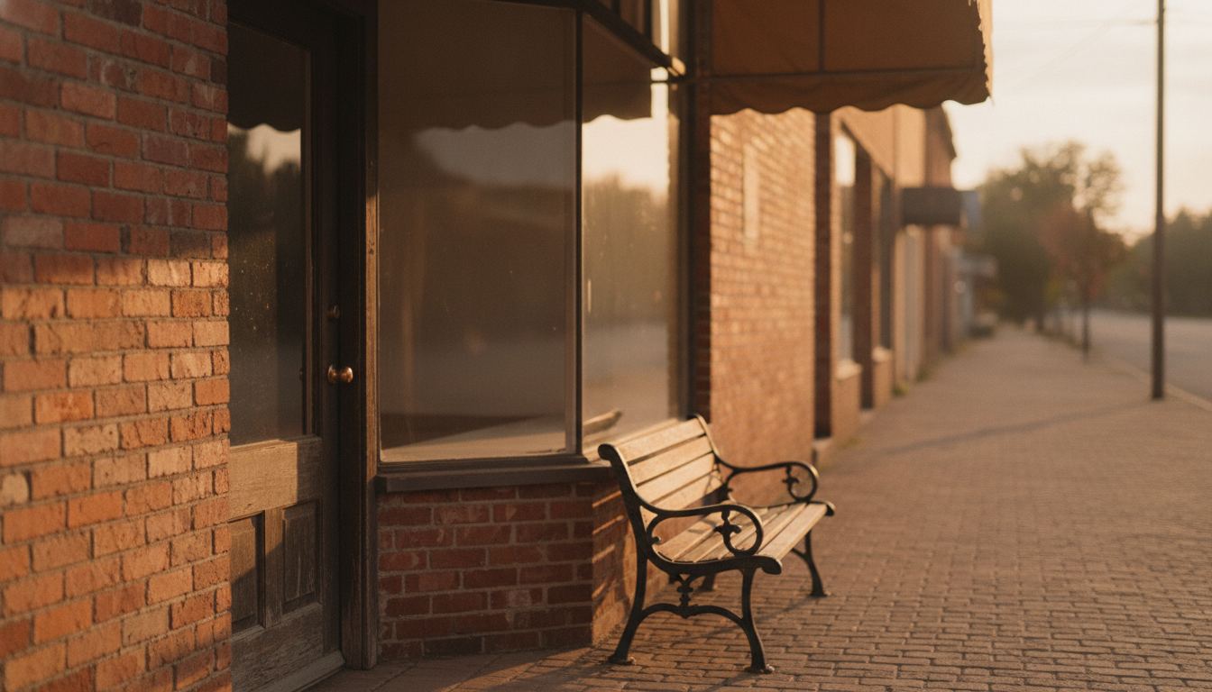 A quiet main street storefront at golden hour